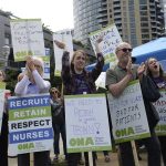 ONA nurses outside OHSU's South Waterfront campus in Portland.