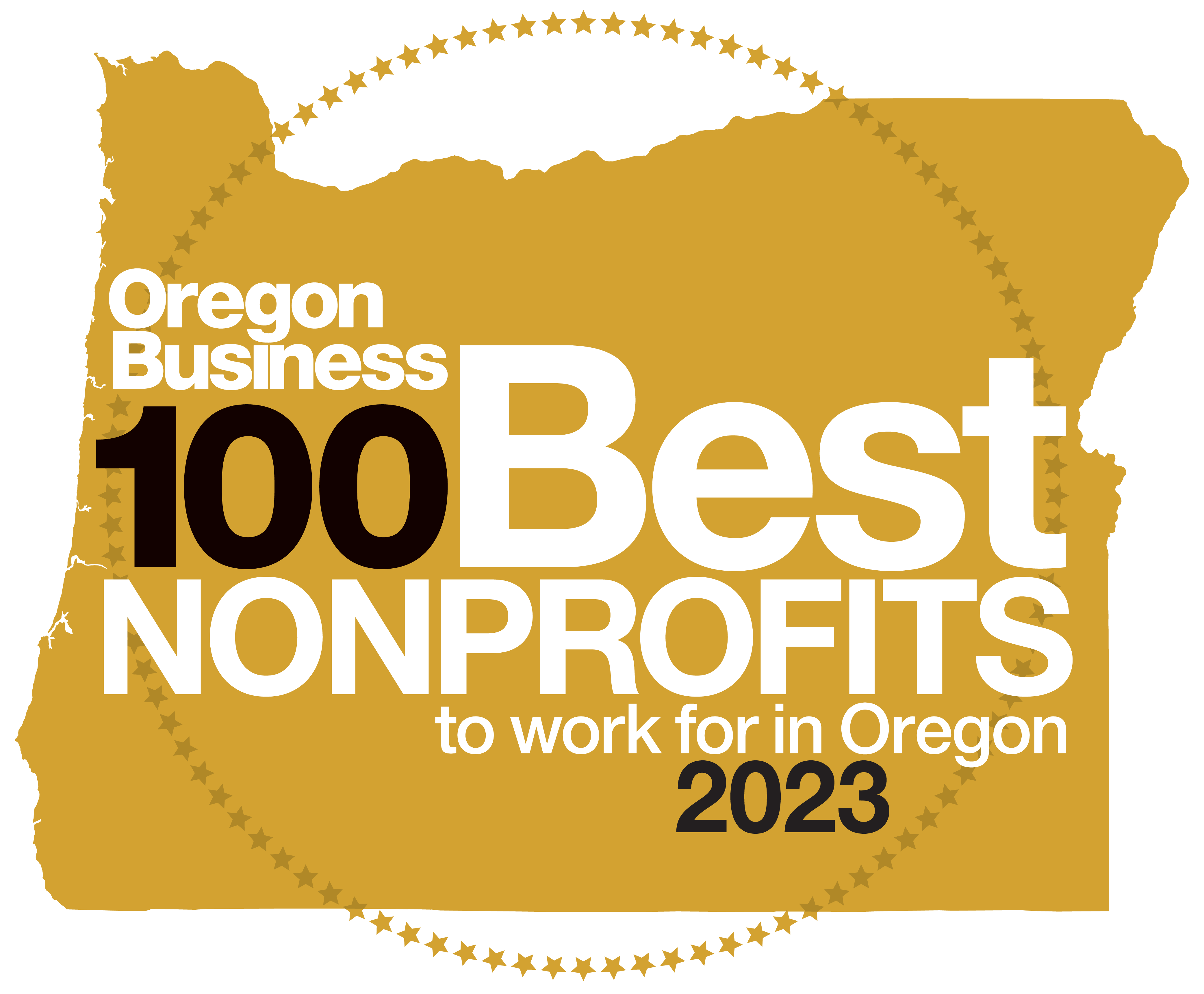 logo of a map of the state of Oregon with text reading: Oregon Business 100 Best Nonprofits to work for in Oregon 2023